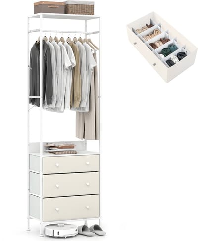COSTWAY Kapstok met 3 laden, garderobe met ophangstang en opbergvakken, kledingstandaard vrijstaand, industriële halgarderobe voor hal en slaapkamer, 55 x 28 x 176 cm (wit)