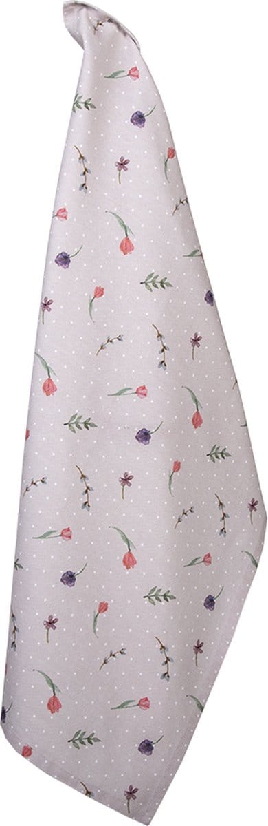 Clayre & Eef Theedoek 50x70 cm Beige Roze Katoen Rechthoek Bloemen Vaatdoek