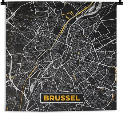 Wandkleed - Wanddoek - Brussel - Kaart - Plattegrond - Stadskaart - Goud - 180x180 cm - Wandtapijt