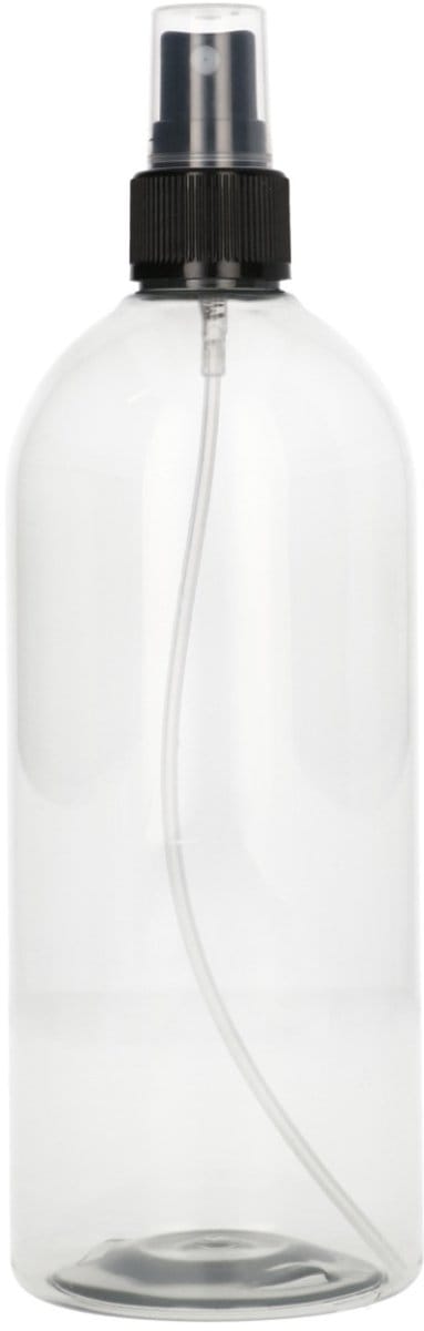 6 x 500 ml Ronde fles 100% gerecycled PET transparant met zwarte Spraypomp- Gerecycled PET - tot 60% minder Co2 uitstoot - 6 stuks