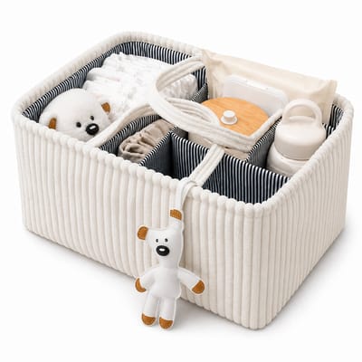Opvouwbare Luiertas Organizer Bruin - Corduroy Luiermand met Vakken en Verdelers - Baby Opbergmand voor Luiers, Doekjes en Accessoires - Draagbare Nursery Caddy - Wit