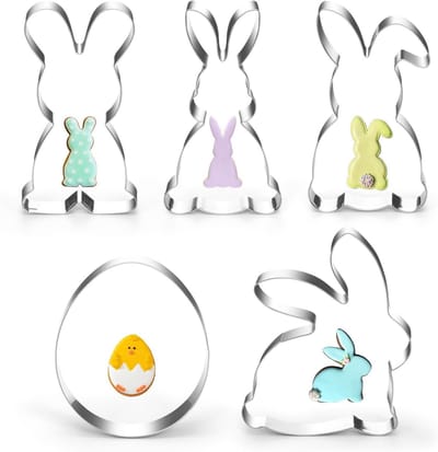 Set van 5 paaskoekjesuitsteekvormen voor het bakken van konijnen en eieren, roestvrijstalen bakaccessoires voor Pasen, perfect als cadeau voor bakliefhebbers
