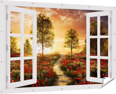 Gards Tuinposter Doorkijk Mooi Landschap met Rode Bloemen en Zonsondergang - 180x120 cm - Tuindoek - Tuindecoratie - Wanddecoratie buiten - Tuinschilderij