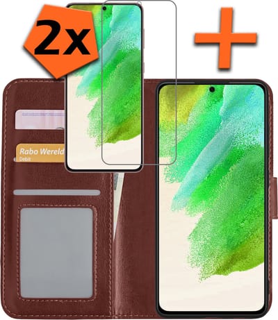 Hoes - Met 2x Screenprotector - Geschikt voor Samsung Galaxy S21 FE - Luxe Pasjeshouder - Bookcase Portemonee - Flip Case - Kunstleer Book Case - Flipcase Hoes - Book Cover - Walletcase - PortemonneeHoes - Bruin