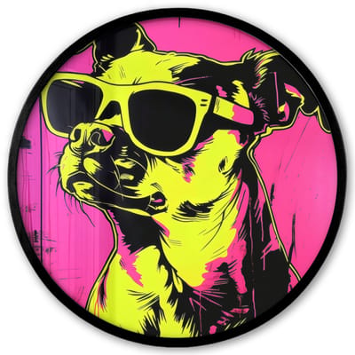 Poster in lijst Rond - Fotolijst 40x40 cm - Posters - Hond - Zonnebril - Roze - Art - Ronde posterlijst zwart - Decoratie - Wanddecoratie woonkamer - Muurdecoratie slaapkamer