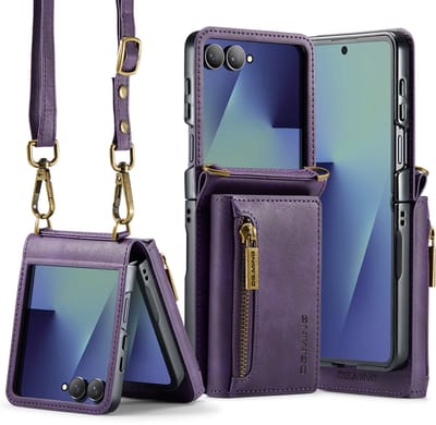 Stravo × DG.MING Veelzijdige leren case hoesje – Geschikt voor Samsung Galaxy Z Flip 7 – Luxe lederen telefoonhoesje met vaste kaarthouder & verstelbare schouderriem – Leer case – Stijlvol & duurzaam – Paars
