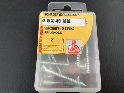 Schroeven met bruine afdekkapjes. 4.5 x 40mm. Lang.10 stuks. Verzinkt. Meestersmid DeltafiX