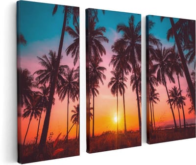 Artaza Canvas Schilderij Drieluik Palmbomen op het Strand bij Zonsondergang - 120x80 - Foto Op Canvas - Canvas Print