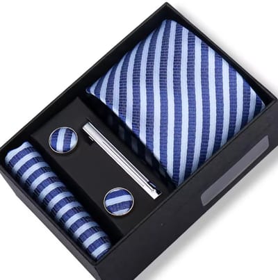 Actie4you® - Luxe Stropdas - Stropdas Set met Manchetknopen en Pochet en Dasspeld – Met Geschenkdoos – 4 Delig – Stropdas Set – Blauw Streep