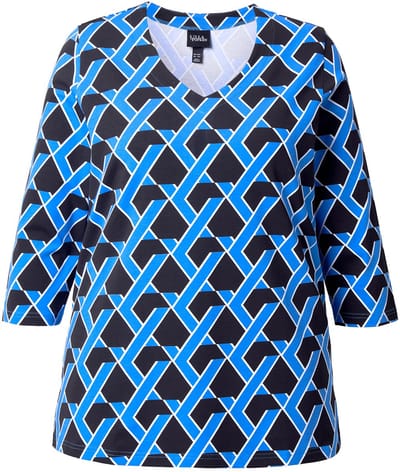 Ulla Popken - Dames - Shirt grafische print Classic V-hals 3/4-mouwen - Zwart - Maat 42+