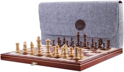 Houten Schaakset - Schaakspel Opvouwbaar - Strategisch Spel - Klassiek Vintage Design - 35 cm - Bruin
