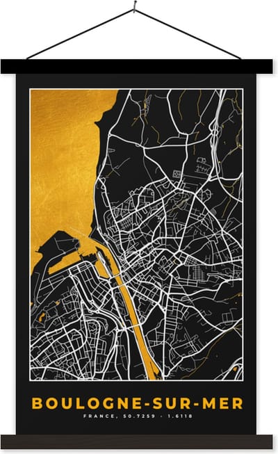 Posterhanger incl. Poster 40x60 cm - Schoolplaat - Plattegrond – Boulogne-sur-Mer – Stadskaart – Kaart – Frankrijk - Textielposter - Zwarte latten - Stadskaart