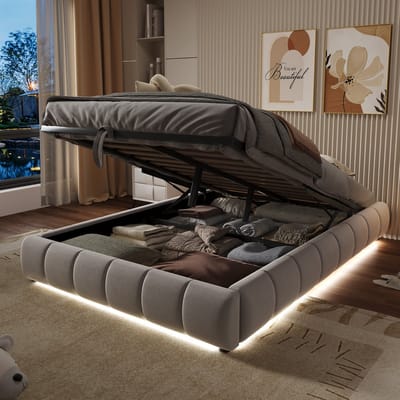 MEUNIQ Polsterbed 140 x 200 cm zonder hoofdbord met hydraulische opbergruimte, LED-lichtstrip en lattenbodem, bedframe voor slaapkamer in beige