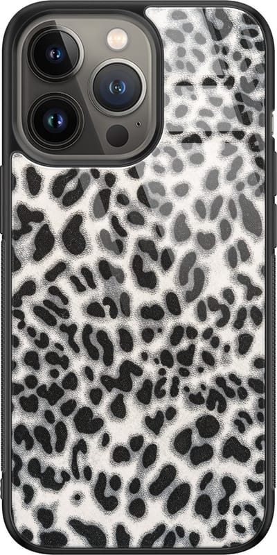 Hoesje geschikt voor iPhone 13 Pro - Luipaard grijs - Luxe Glazen Hardcase - Luipaardprint - Grijs - Leuke Telefoonhoesjes