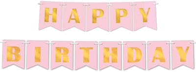 360 DEGREES - Papieren Happy Birthday slinger poederroze en metallic goud 15 cm x 3 m
