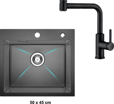 CECIPA max Spoelbak Met Keukenkraan - Spoelbakken Keuken 50 x 45 cm Antraciet - Enkele spoelbak - roestvrij staal Spoelbak - Wasbak met waterafvoersysteem - RVS