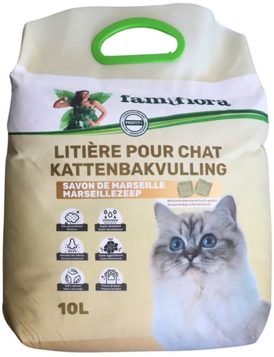 Famiflora Kattenbakvulling Marseille Zeep - 10L - Natuurlijke bentoniet - Sterke geurabsorptie - Houdt de kattenbak langdurig fris dankzij natuurlijke Marseille-zeepgeur die nare geurtjes maskeert