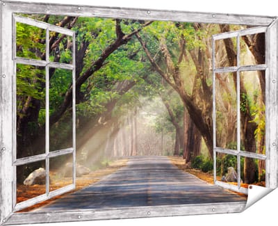 Gards Tuinposter Doorkijk Weg Omringd met Bomen - 180x120 cm - Tuindoek - Tuindecoratie - Wanddecoratie buiten - Tuinschilderij