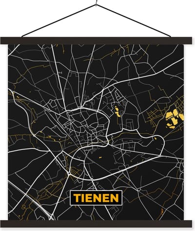Posterhanger incl. Poster 60x60 cm - Schoolplaat - Stadskaart - Goud - Tienen - Kaart - Plattegrond - Textielposter - Zwarte latten - Stadskaart