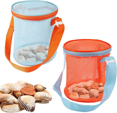 Set van 2 Verstelbare Strandnettassen voor Kinderen - Ideaal voor Schelpen en Speelgoedopslag tijdens Buitenactiviteiten - 16,5 x 15 cm in Oranje en Blauw