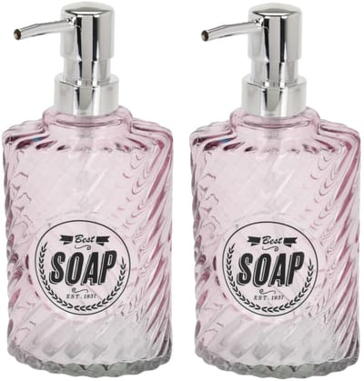 Items Zeeppompje/dispenser - 2x - 17 cm - glas - roze - 300 ml - navulbaar - toilet/badkamer/keuken