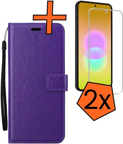 Hoes - Met 2x Screenprotector - Geschikt voor Samsung Galaxy A27 - Luxe Pasjeshouder - Bookcase Portemonee - Flip Case - Kunstleer Book Case - Flipcase Hoes - Book Cover - Walletcase - PortemonneeHoes - Paars