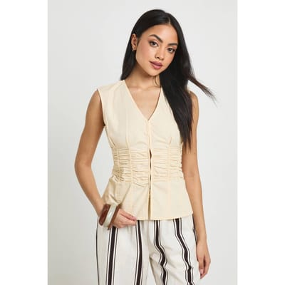 boohoo Dames Mouwloze Poplin Top Met Cinch Detail | Citroen | Maat: 34
