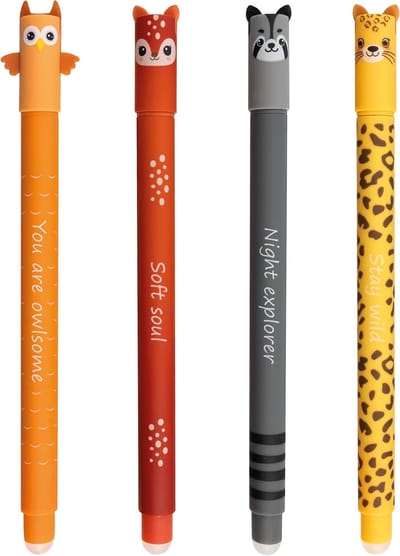 Thijox - Uitwisbare Rollerpen Gelpen Set - 4 Animal Erase it Dierenontwerpen - Blauw 0,7 mm - Perfect voor Scholieren, Studenten en Professionals