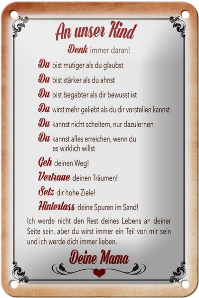Blechschild Spruch 12x18cm Kind denk immer daran deine Mama