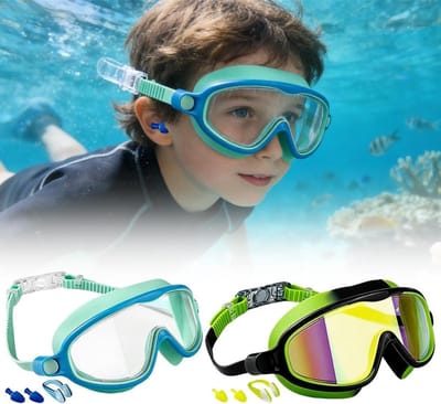 Mineup Duikbril voor kinderen, 2 stuks, zwembril voor jongens en meisjes, met neusbescherming, oordopjes, uv-bescherming en anti-condens, anti-condens, 180 graden HD-panoramisch zicht, geschikt voor 4