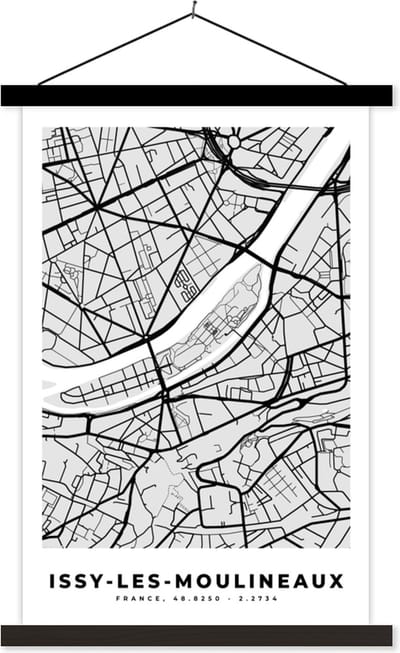 Posterhanger incl. Poster 40x60 cm - Schoolplaat - Issy-les-Moulineaux - Plattegrond - Frankrijk - Kaart - Stadskaart - Textielposter - Zwarte latten - Stadskaart