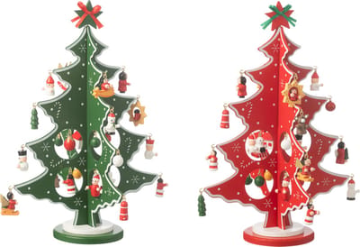 J-Line decoratie kerstboom + figuurtjes Plooiend - hout - rood/groen - 2 st.