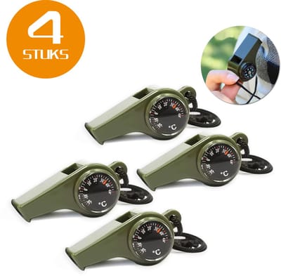 Colorful Sun® 3-in-1 Noodfluit - Met Kompas & Thermometer - 4 Stuks - Luide Alarmfluit 120 dB - Voor Noodgevallen, Survival, Wandelen, Camping & Sport - Reddingsfluit & Hondenfluit - Weerbestendig - Inclusief Sleutelkoord
