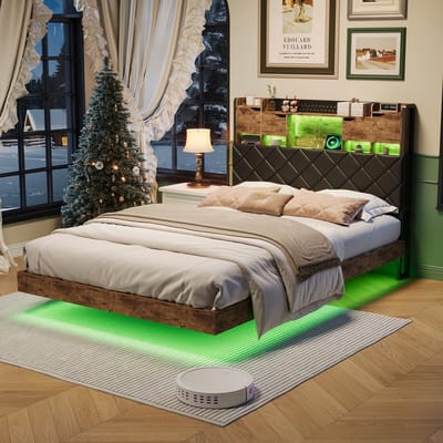 Bed 140 x 200 cm met metalen lattenbodem, bedframe met stopcontacten, 2 USB-poorten en 1 Type-C-aansluiting, metalen bed 140 x 200 cm met gewatteerd hoofdbord en opbergruimte, kinderbed, tweepersoonsbed, zwart PU-leer, zonder matras