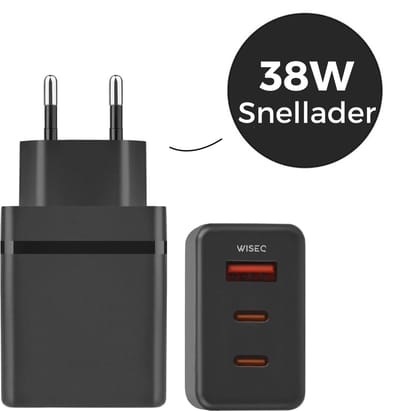 Universele Adapter - 38W Snellader USB C Adapter – 3 Poorten 2x USB C + USB A – Fast Charger – Voor Meerdere Apparaten – Zwart - WiseQ