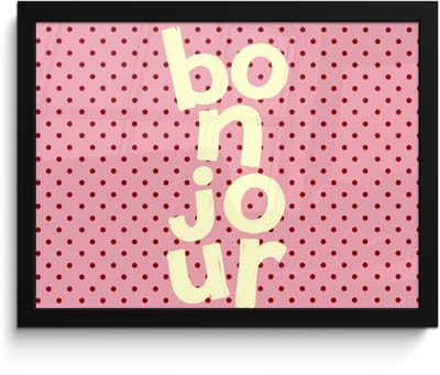 Poster in lijst - Fotolijst 40x30 cm - Posters - Bonjour - Stippen - Roze- Geel - Posterlijst zwart - Decoratie - Wanddecoratie woonkamer - Muurdecoratie slaapkamer