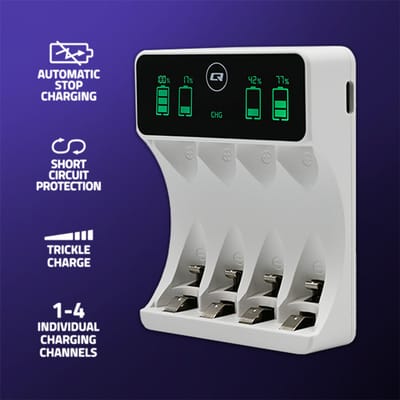 Qoltec Ni-MH Type R03 AAA R6 AA batterijlader |   LCD-scherm |   USB-C-kabel |   Wit