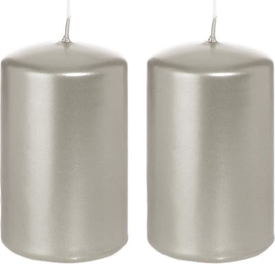 Cilinderkaars/stompkaars - 2x - zilver - 5 x 8 cm - 18 branduren - horeca kaarsen
