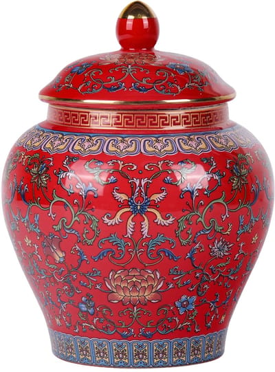emaille gemberpot - levendig gekleurde Chinoiserie vaas, blauw en wit porselein keramische decoratieve pot met deksel voor huisdecoratie en opslag (algemeen rood)