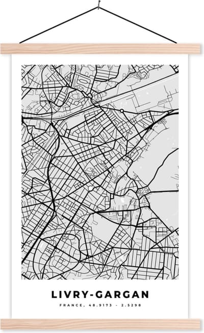 Posterhanger incl. Poster 40x60 cm - Schoolplaat - Stadskaart - Frankrijk - Kaart - Livry-Gargan - Plattegrond - Textielposter - Blanke latten - Stadskaart
