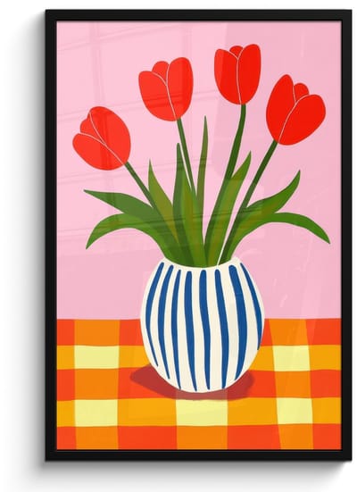 Poster in lijst - Fotolijst 60x90 cm - Posters - Tulpen - Roze - Vaas - Posterlijst zwart - Decoratie - Wanddecoratie woonkamer - Muurdecoratie slaapkamer