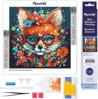 Figured'Art Mini Diamond Painting set Volwassenen 25x25 cm Modieuze vos met bloemen - 5D DIY Art full drill ronde diamant - Opgerold canvas