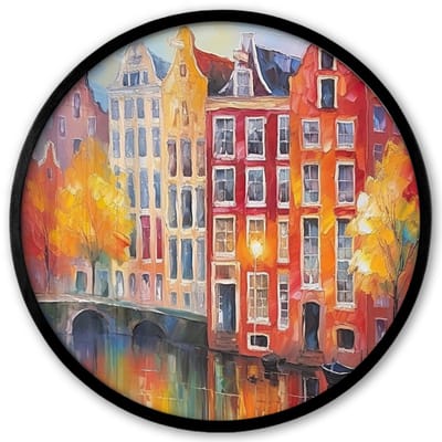 Poster in lijst Rond - Fotolijst 40x40 cm - Posters - Grachtenpanden - Kunst - Schilderij - Amsterdam - Ronde posterlijst zwart - Decoratie - Wanddecoratie woonkamer - Muurdecoratie slaapkamer