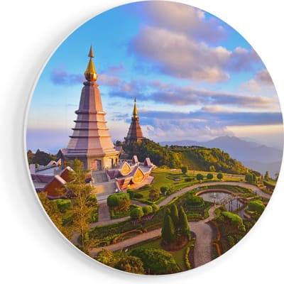 Artaza Forex Muurcirkel Pagode Tempels in de Inthanon Berg in Thailand - 70x70 cm - Wandcirkel - Rond Schilderij - Wanddecoratie Cirkel - Muurdecoratie