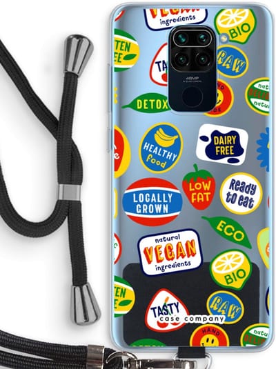 Case Company® - Hoesje met koord geschikt voor Xiaomi Redmi Note 9 hoesje met Koord - Fruitsticker - Telefoonhoesje met Zwart Koord - Bescherming aan alle Kanten en Over de Schermrand
