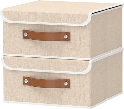 Famanu – 2-delige opbergdoos - stoffen opbergkubus met handvat - slaapkamerkleding - opbergdoos met deksel - opbergruimte - 32 x 32 x 16 cm - beige