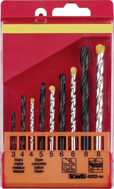 kwb 420200 Universeel boorassortiment 9-delig Metaal, Steen, Beton, Metselwerk, Baksteen, Hout 3 mm, 4 mm, 5 mm, 6 mm, 8 mm