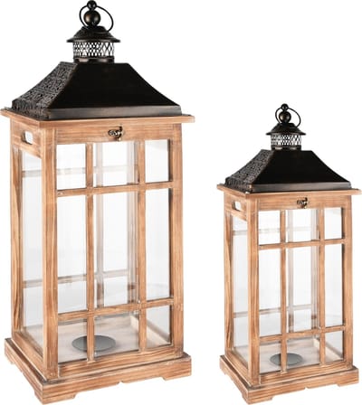 Dekoratief | Set 2 lantaarns naturel/bruin, hout/metaal/glas, 27x24x62cm | A235344