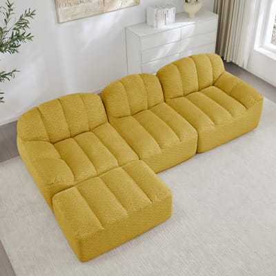 Comfortabele L-Vorm Lounge Bank Met Poef - Modulaire Teddy Sofa Met Diepe Zit - Geel
