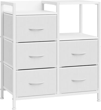 Industriële Ladekast met 5 Lades - Compacte Opbergkast voor Slaapkamer, Woonkamer of Hal - 63x29x76 cm - Stoffen Lades met Handgrepen - Wit